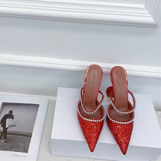 flowersverse Summer New Pointed Toe Rhinestone Sequined Stiletto Slippers Leopard Print Baotou Half Drag Sandals