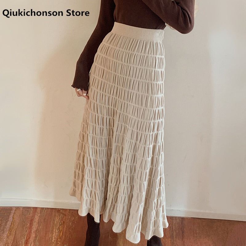 flowersverse Autumn Winter Wrinkled Black Pleated Skirt Women Korean Style Casual High Waisted A-Line Knitted Skirts Long falda plisada