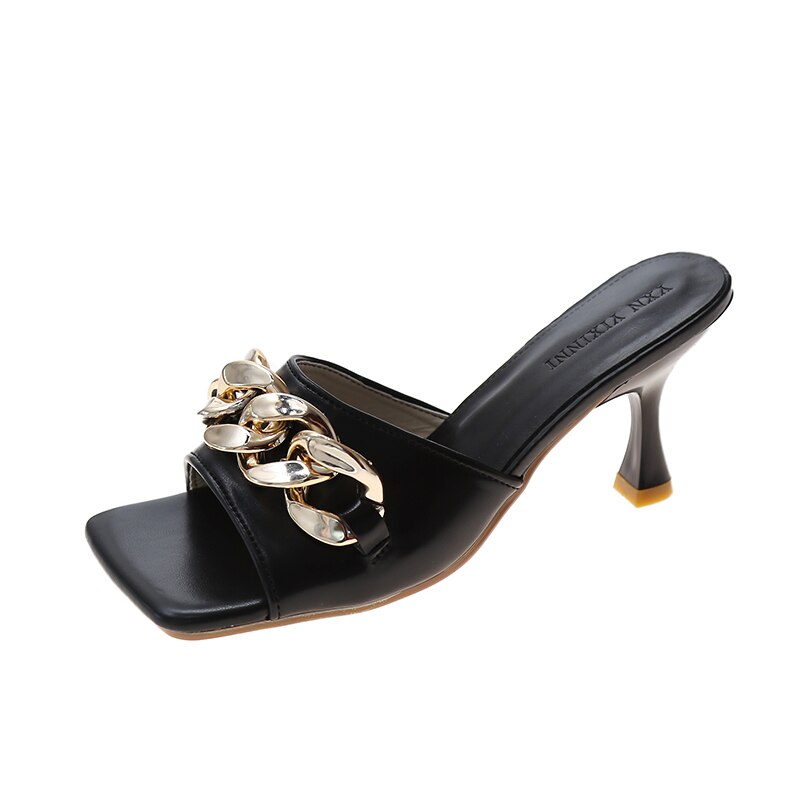 Amzae Summer Women's Slippers Women Sandals 6cm Heels Shoes Female Golden Metal Chain Ladies Slipper Fashion Casual Slides Mules