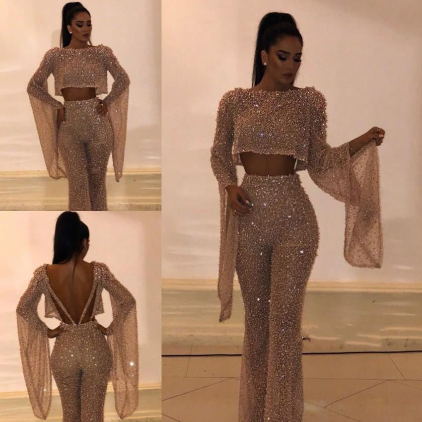 flowersverse Fashion Clock Sleeve Shirt High Waist Pants Sequins Two Long Sleeve Open-Back Jumpsuit Pants