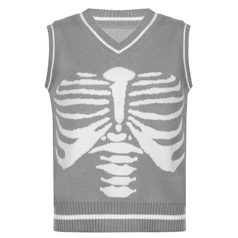 flowersverse Autumn V-Neck Sweater Vest Sternum Skull Printed Knitted Vest Skeleton Loose Casual Sleeveless Top Preppy Style Tops Women