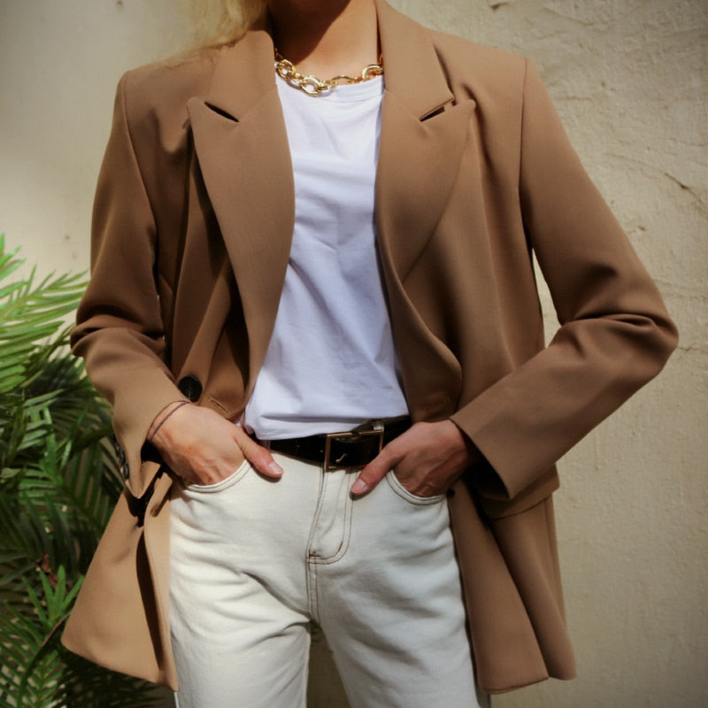 flowersverse Blazer Women Double Breasted Oversized Suits Jacket Official Ladies Loose Long Sleeve Mujer Vestido MS001