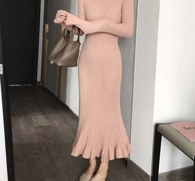 flowersverse autumn winter thick mermaid maxi sweater dress women o-neck long sweater dress elegant female a-line slim sexy knit dress