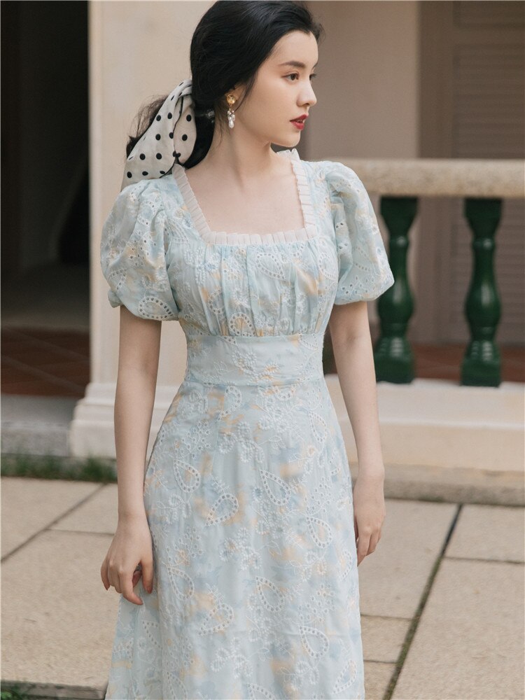 flowersverse Back to school Korean Design Women Long Dress Summer Vintage Light Blue Hollow Out Puff Sleeve Elegant Midi Dresses Gorgeous Vestido Festa