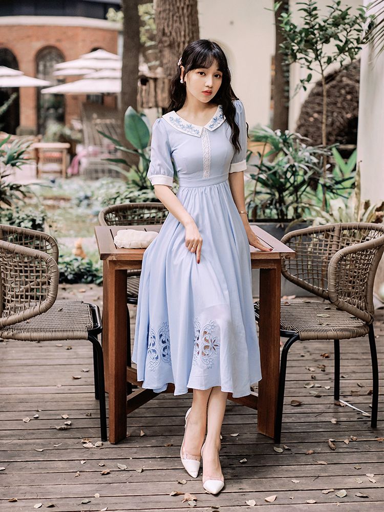 flowersverse Back to school Summer Casual Woman Dress Soft Vintage Light Blue Embroidery Floral Hollow Out Half Sleeve Retro Midi Dresses Vestido Festa
