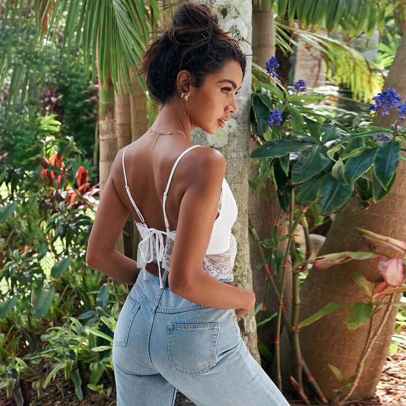 Nibber Elegant ladies white lace vest Beach Casual Holiday camis women Backless V-neck sling summer crop top tank tops