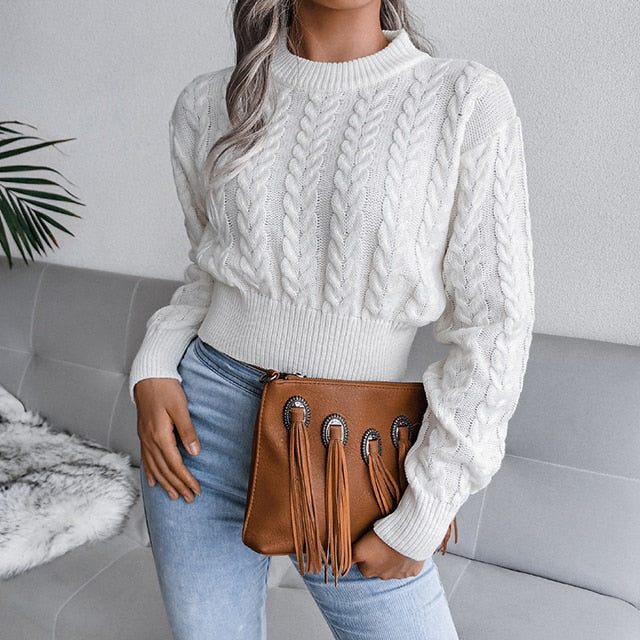 flowersverse Autumn Winter Women Crop Sweater Short Knitted Twist Pullover Ladies Long Sleeve O-Neck Fashion Solid Color Warm Jumper Female