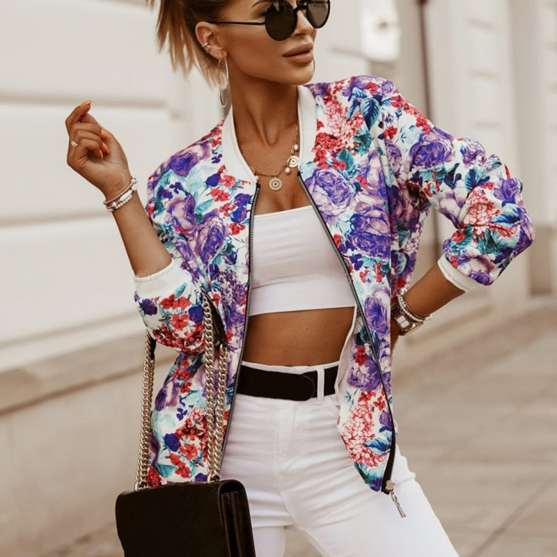 flowersverse Flower Print Long Sleeve Women's Bomber Jacket Fashion Zipper Up Vintage Coat Tops Elegant Slim Basic Ladies Jackets Outwear