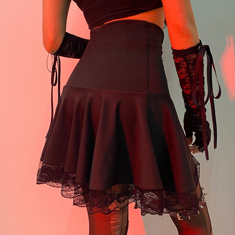 flowersverse Basic Versatile Stretchy High-waisted Lace Stitching Short Skirt Casual Vintage Harajuku Women Black Mini Skirt