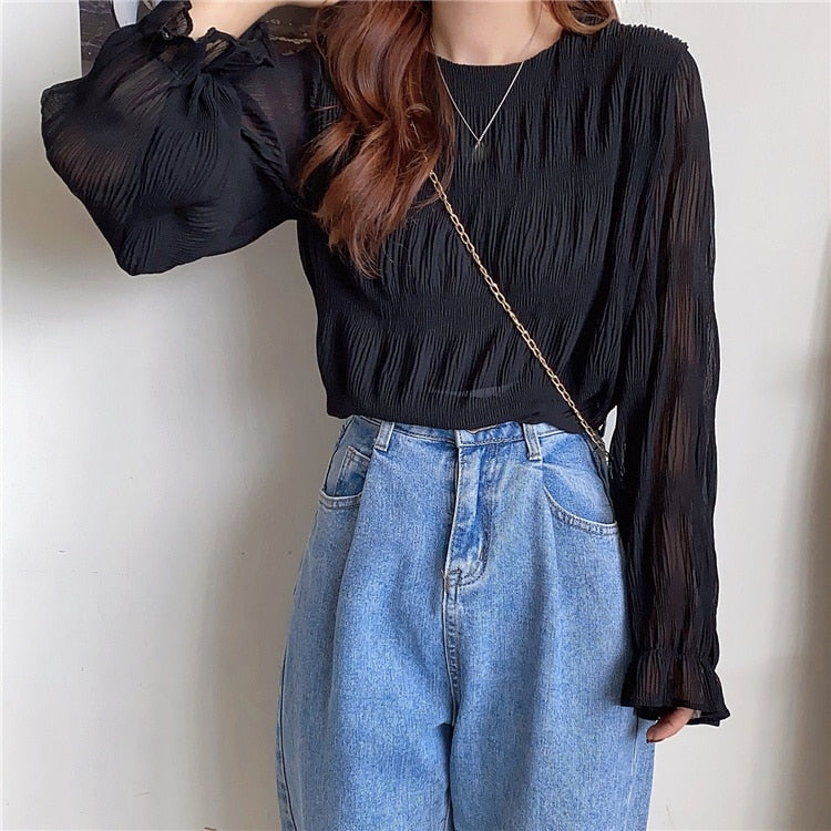 flowersverse Blusas Mujer Autumn New Korean Shirt O Neck Long Sleeve Elegant Blouse Women Solid Color Casual Fashion Tops 3c798