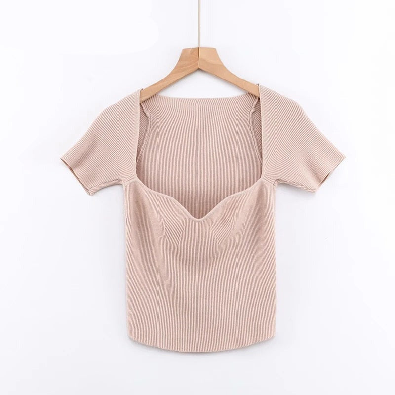 flowersverse Aproms Green Square Neck Ribbed Knitted T-shirt Women Sexy Solid Color High Strench Tshirt Cool Girls Street Style Crop Top