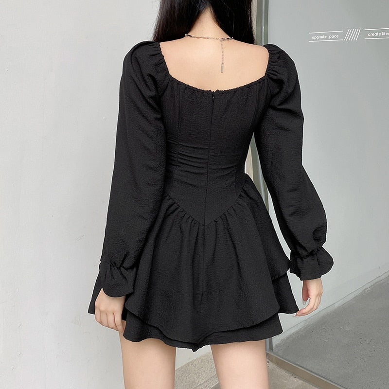 flowersverse Autumn Spring A-Line Dress Sexy Slim Solid Square Collar Puff Sleeve Mini Dresses For Women Eleggant Fashion Ladies
