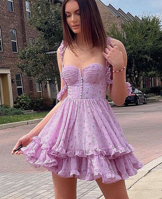 flowersverse Purple Floral Pleated Mini Dress Spaghetti Strap A-Line Ruffles Summer Dress Off Shoulder Backless Birthday Party Dresses