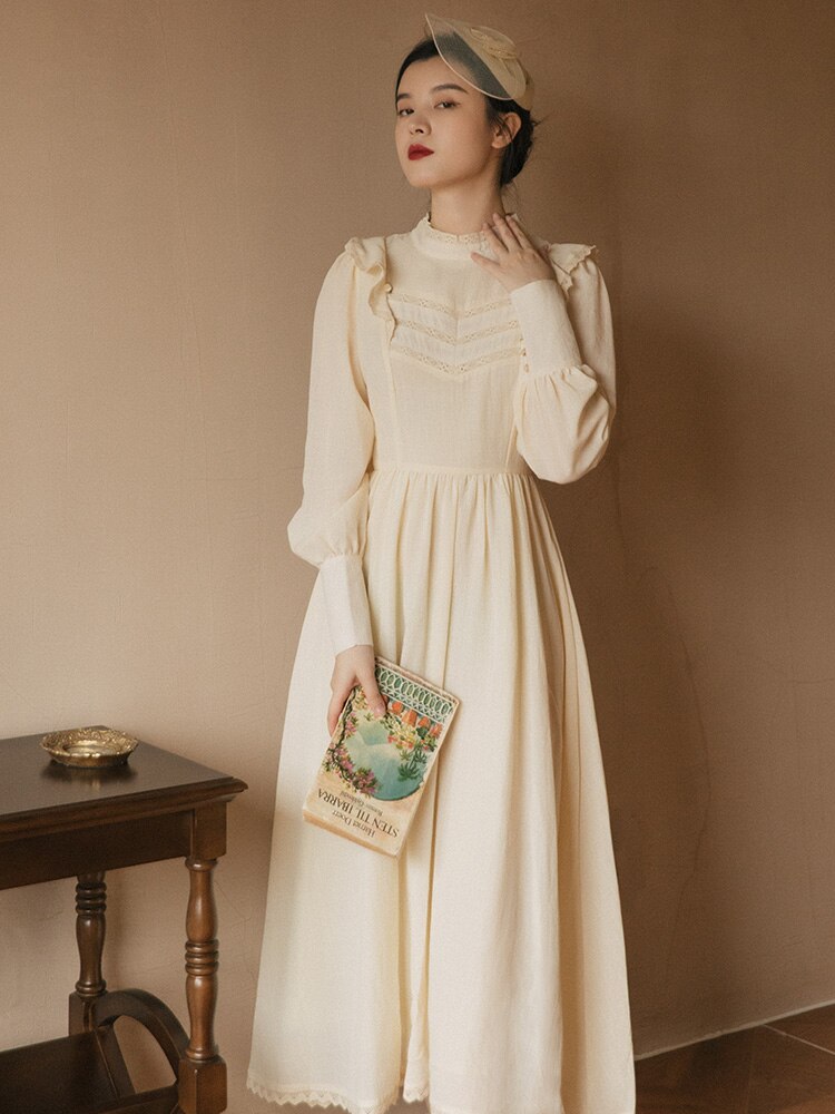 flowersverse Back to school Retro Royal Style Lady Dress Vintage Mori Girl Lantern Sleeve Stand Collar Elegant Woman Maxi Dresses Vestido Manga Larga