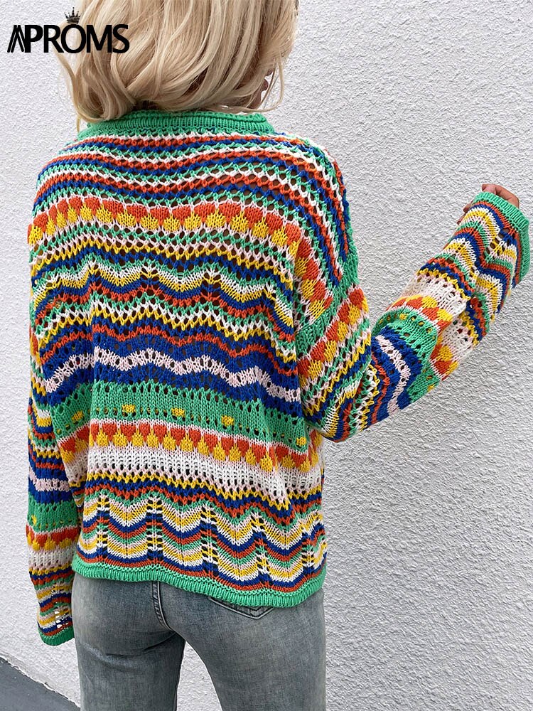 flowersverse Back To School Christmas Gift Aproms Elegant Rainbow Stripe Knit Sweater Autumn Women's Pullovers Casual Long Sleeve Hollow Out Jumper Streetwear Fashion Top