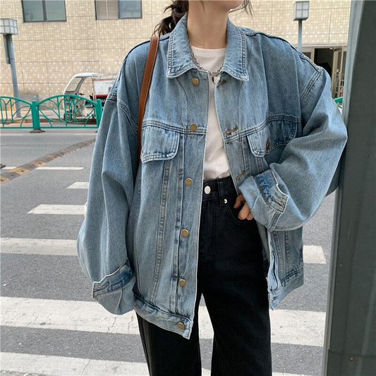 flowersverse Back to school outfit Woman Denim Coat Autumn New Ins Fashion Loose Turn Down Collar Single Breast Pockets Stitching Versatile Female Jacket