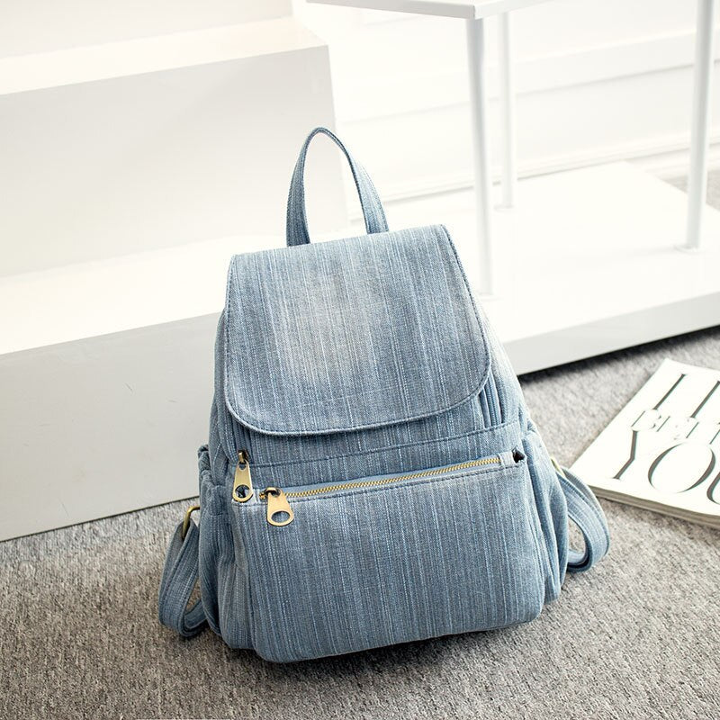 flowersverse Back to school Casual Denim Women Backpack Large Capacity High Quality Canvas Jeans Student Schoolbag Travel Knapsack Rucksack Mochila Blue