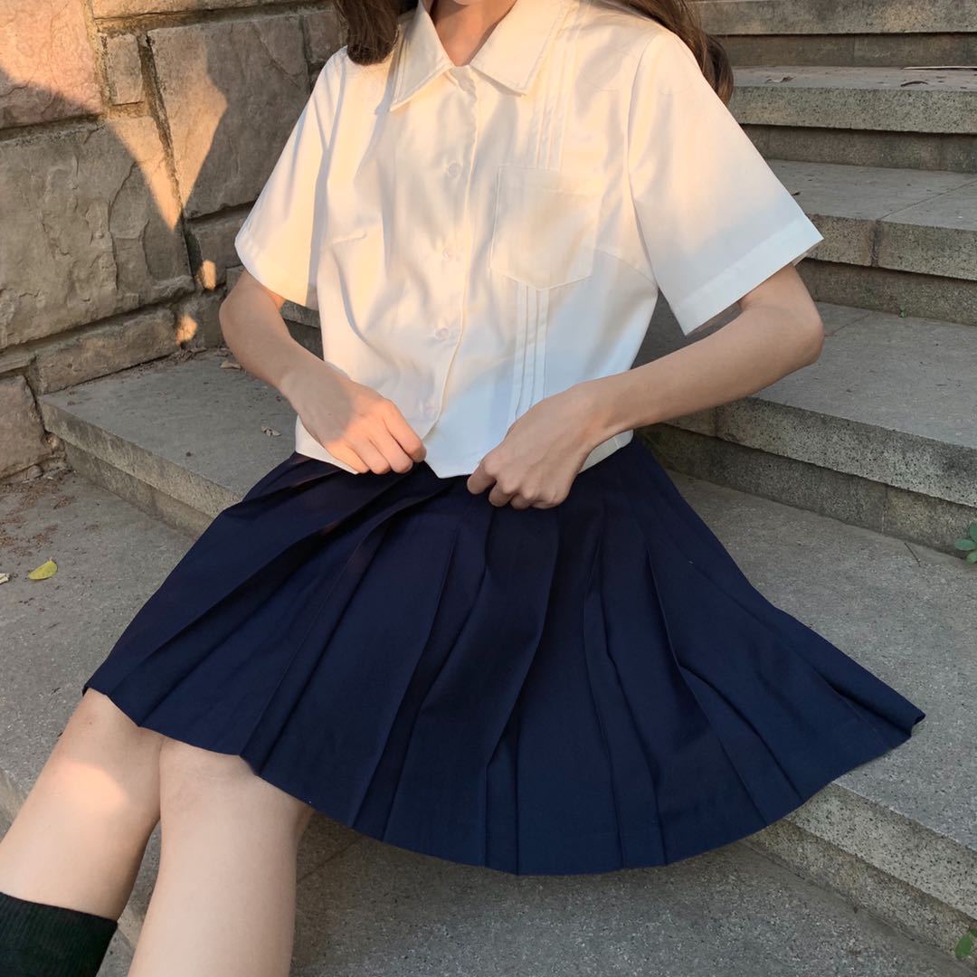 flowersverse Blouses Women Shirts Short Sleeve Crop-Top School Uniform Jk Kawaii Fresh Girls Solid Pleated Elegant Preppy Style All-Match New