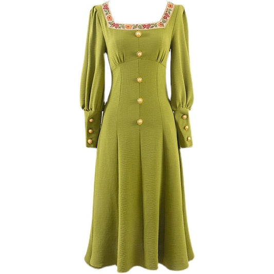 flowersverse Back to school outfit Women Vintage Green Dress Spring Retro Embroidery Square Collar Lantern Sleeve Slim Lady Long Dresses Dinner Party Night