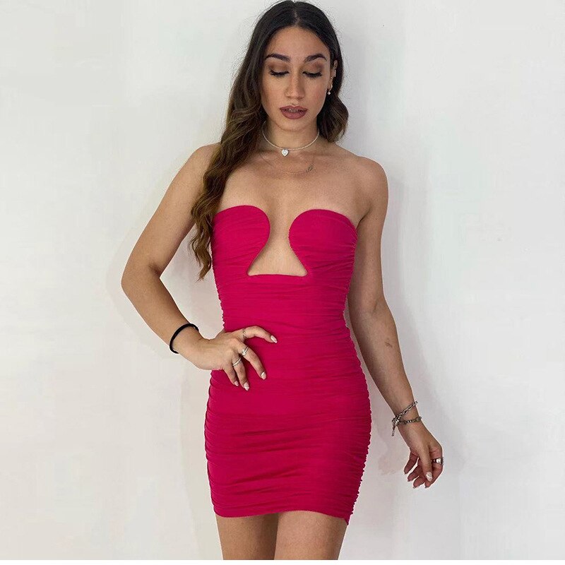 Spaghetti Strapless Mini Bodycon Dress Summer Party Dresses For Women Off Shoulder Sleeveless Tight Tube Dress Black White Red