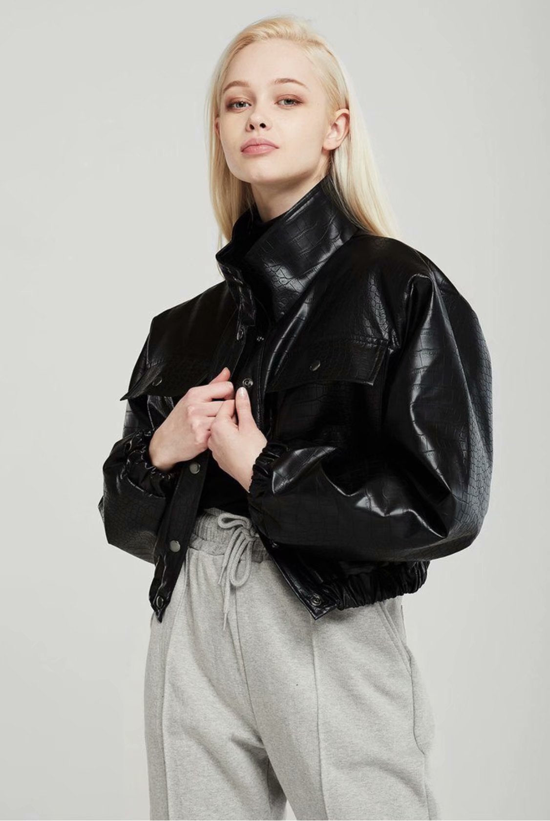 flowersverse Autumn Spring Solid Casual Jacket Women Female Chic Long Sleeve PU Leather Jacket With Quilted Lining Cropped Coat Outwear