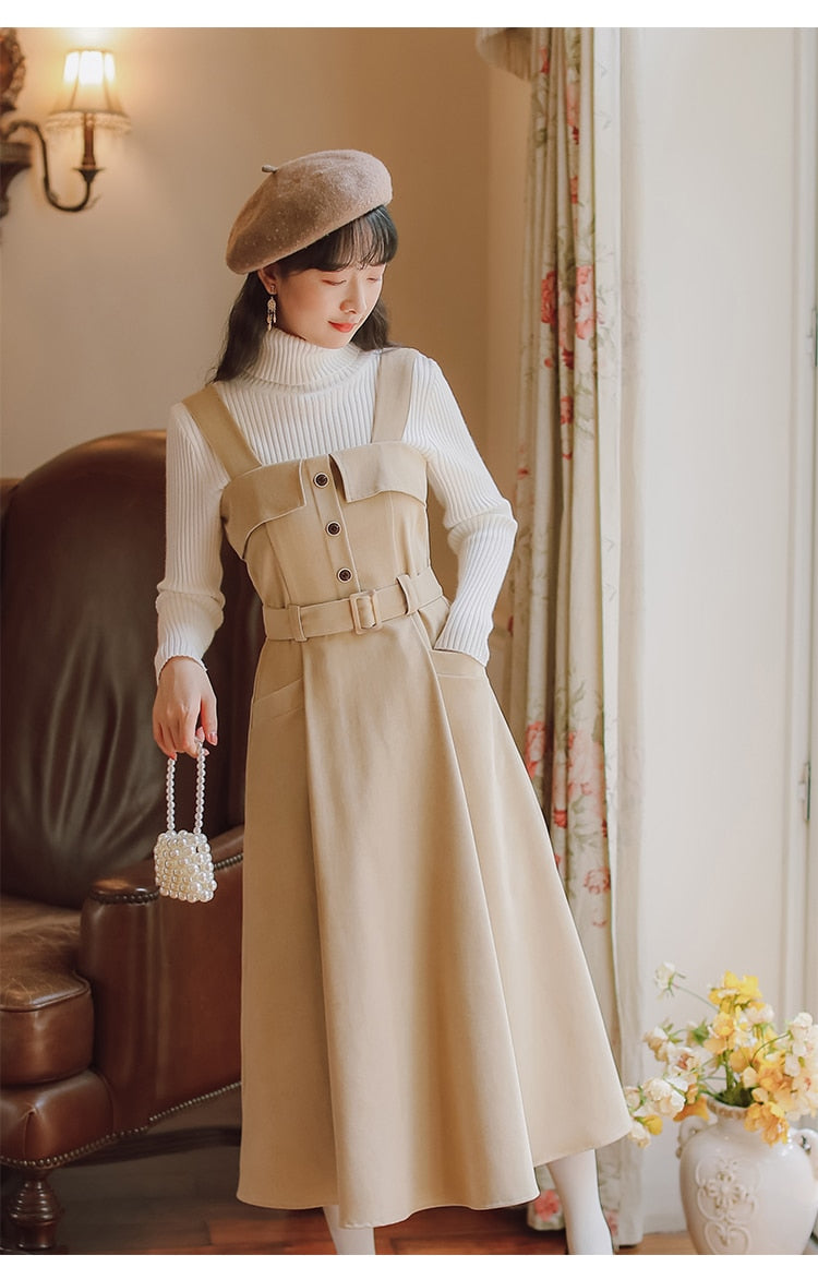 flowersverse Back to school outfit 3 Colors Japan Preppy Style Women Tank Dress With Belt Retro Solid Loose Casual Large Size Sleeveless Dresses For Autumn Winter