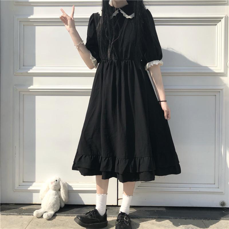 flowersverse Autumn Black Kawaii Lolita Style Dress Mori Girl Fairy Cute Lolita Peter Pan Collar Puff Sleeve Dress Fashion Women