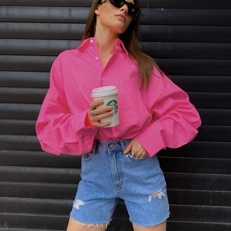 flowersverse Autumn Loose Pink Office Women Shirt Elegant Long Sleeve Fashion Blouses Cotton Streetwear Solid Shirts Top Female