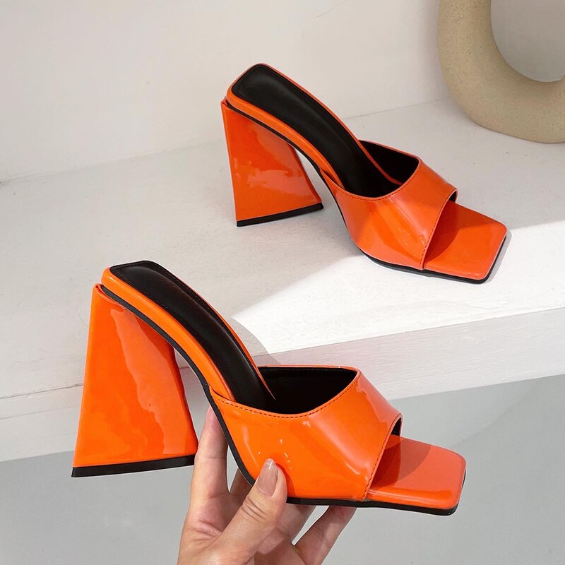 flowersverse Women Design 11cm High Heels Slides Mules Summer Silk Thick Block Heels Sandals Slingback Orange Slipper Party Chunky Shoes