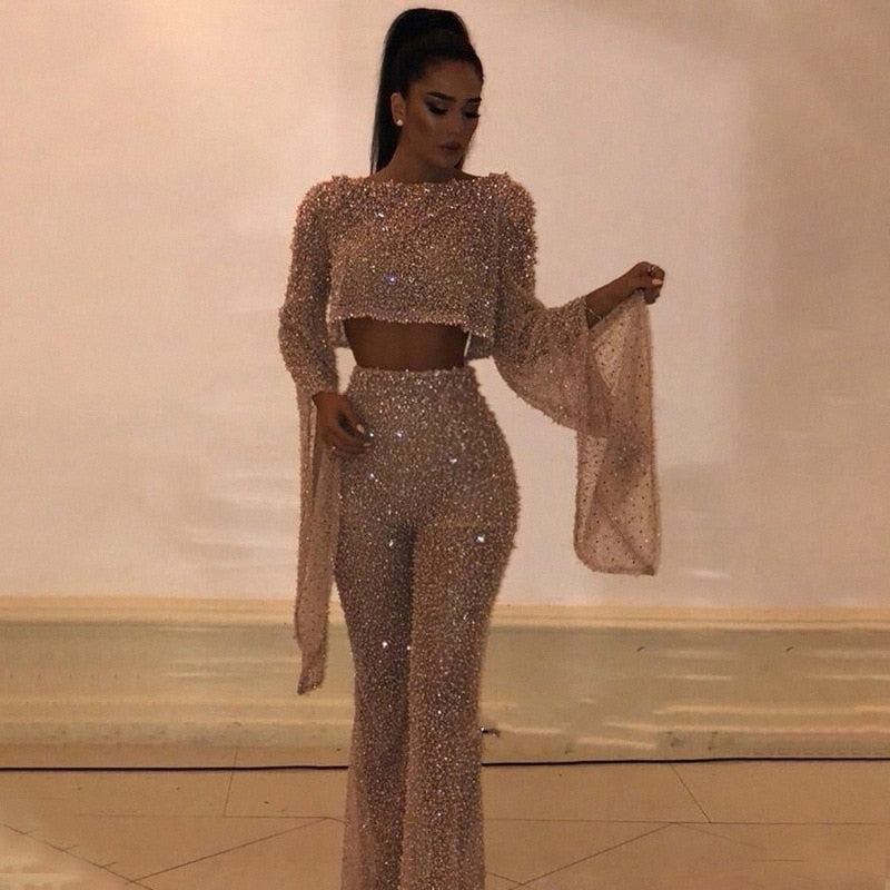 flowersverse Fashion Clock Sleeve Shirt High Waist Pants Sequins Two Long Sleeve Open-Back Jumpsuit Pants