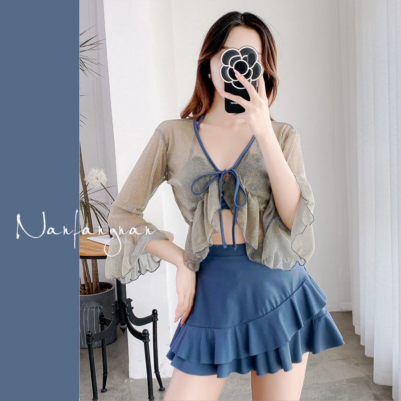 flowersverse 3 Piece Bikini Set Korean Cute Swimsuit Women Underwire Ruffle A-Line Skirt High Waist Bikini Cover Up See Through Bikinis