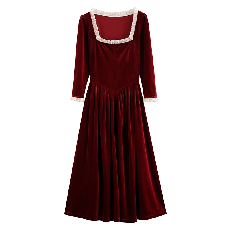 flowersverse Back to school outfit Chic Vintage Woman Velvet Dress Retro Square Collar Ruffles Solid Purple & Claret Elegant Lady Romantic Dresses Vestido Festa
