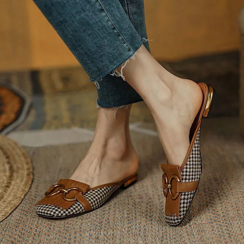 flowersverse Women's Slippers Retro Houndstooth Tassel Casual Shoes for Woman Summer Outdoor Ladies Slides Metal Buckle Low Heel Sandals