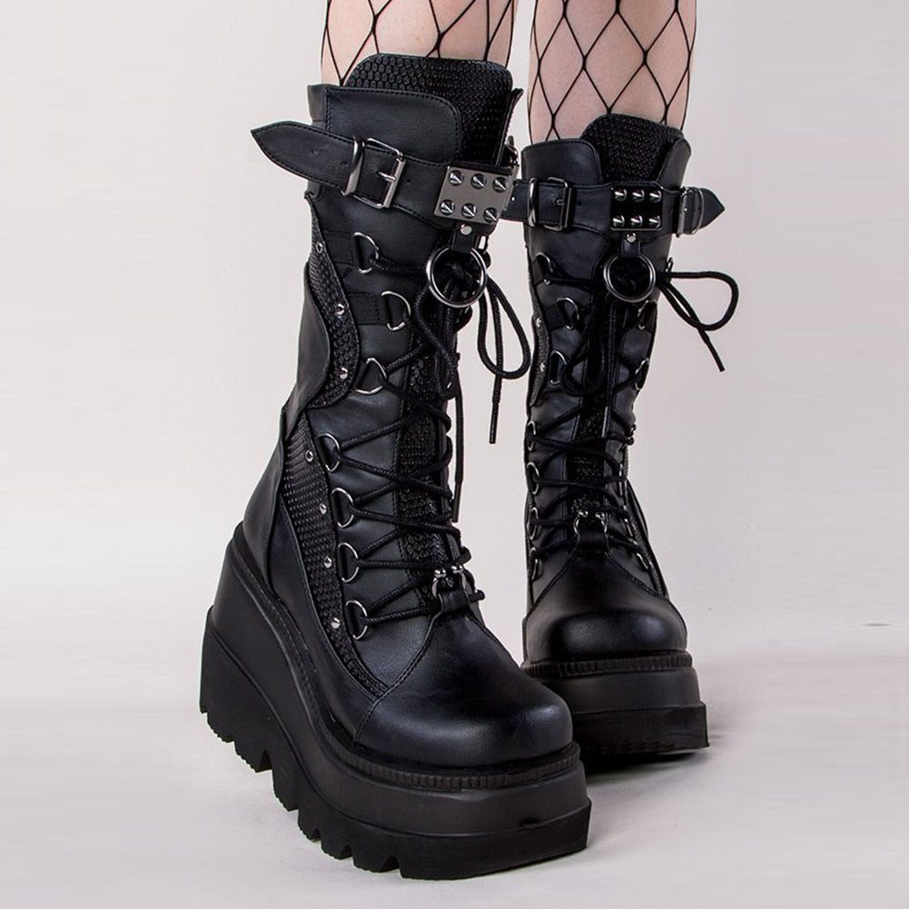 Back to College DoraTasia Gothic Punk Street Women Ankle Boots Platform Wedges High Heels Short Boots New Fashion Design Rivet Cosplay Shoes