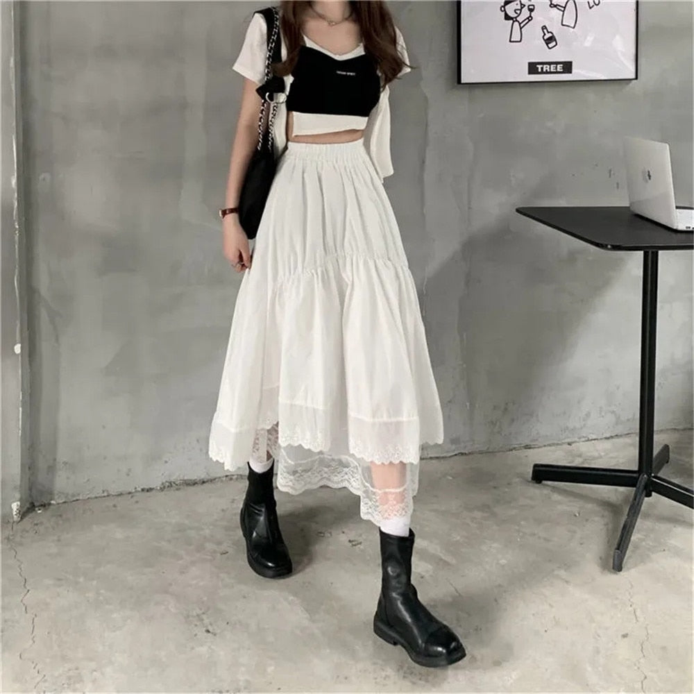 flowersverse Black Gothic Lace Stitching Irregular Pleated Skirt Women White Vintage High Waist Long Skirt Korean Solid Hip Hop Streetwear