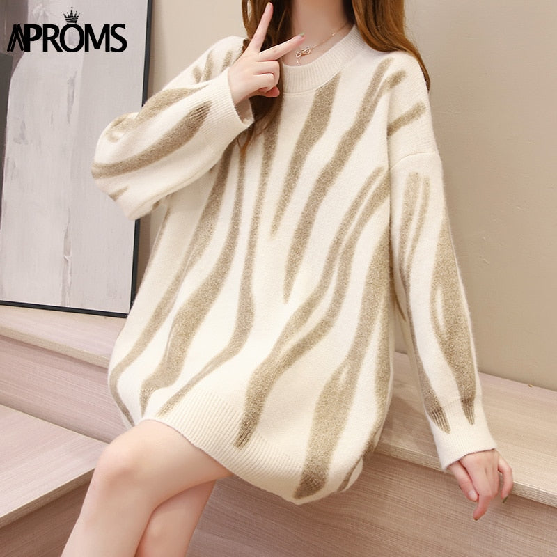 flowersverse Aproms Korean Fashion Khaki Stripes Print Loose Sweaters Women Winter Hip-Pop Oversized Long Pullovers Streetwear Outerwear K23
