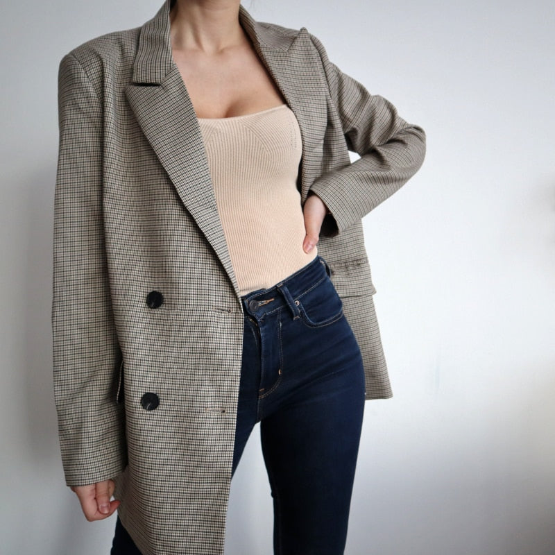flowersverse Blazer Women Double Breasted Oversized Suits Jacket Official Ladies Loose Long Sleeve Mujer Vestido MS001