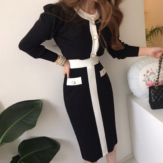 flowersverse Back to school outfit Elegant 2 Piece Set Women Korean Chic O-Neck Single Row Buckle Colliding Knit Sweater High Waist Bodycon Skirt Suit