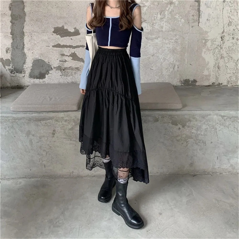 flowersverse Black Gothic Lace Stitching Irregular Pleated Skirt Women White Vintage High Waist Long Skirt Korean Solid Hip Hop Streetwear
