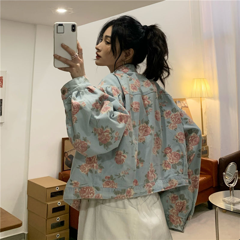 flowersverse Back to school outfit Retro Temperament Floral Denim Jacket Women Short Style Spring Autumn New Flower Print All-Match Single-Breasted Coats