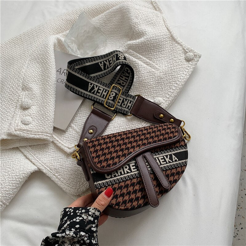 flowersverse Back to school Wide Strap Saddle Small Shoulder Crossbody Bags For Women Brand Designer Woolen Cloth Plaid Ladies Handbags Winter