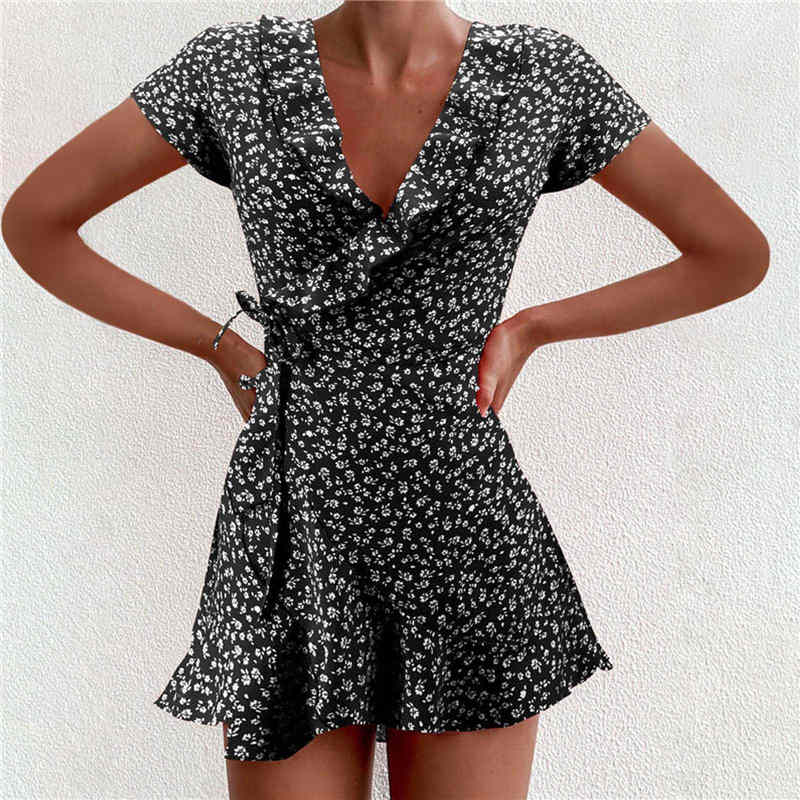 flowersverse Women Dress Boho Floral Ruffle Short Mini Dress Summer Knot V-Neck Party Holiday Dress Femme Vestido De Mujer