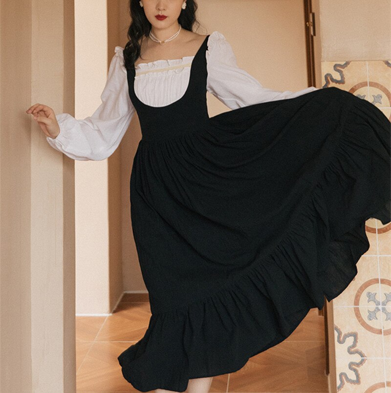 flowersverse Back to school Cottage Style Bandage Black Dress Vintage Lantern Sleeve Square Collar Ruffles Princess Dresses Retro Vestido Negro Robe Noir