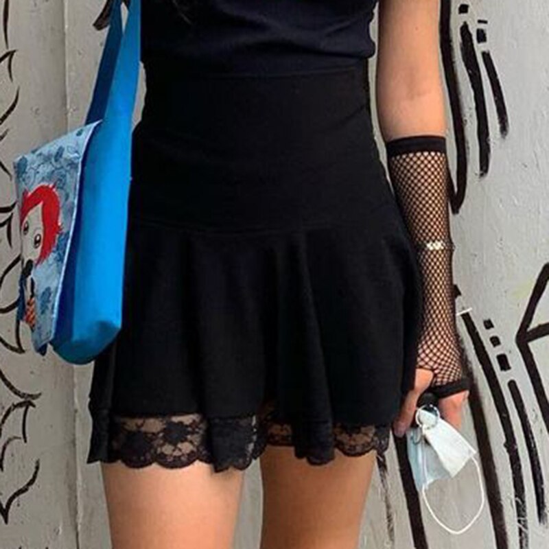 flowersverse Basic Versatile Stretchy High-waisted Lace Stitching Short Skirt Casual Vintage Harajuku Women Black Mini Skirt