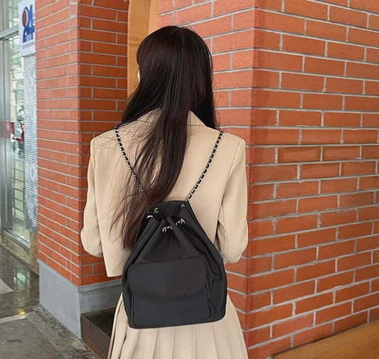 flowersverse Back to school Fashion Backpack For Women Casual Drawstring Chain Bucket Shoulder Bags Girls Nylon Back Packs Travel Woman Backpacks Black
