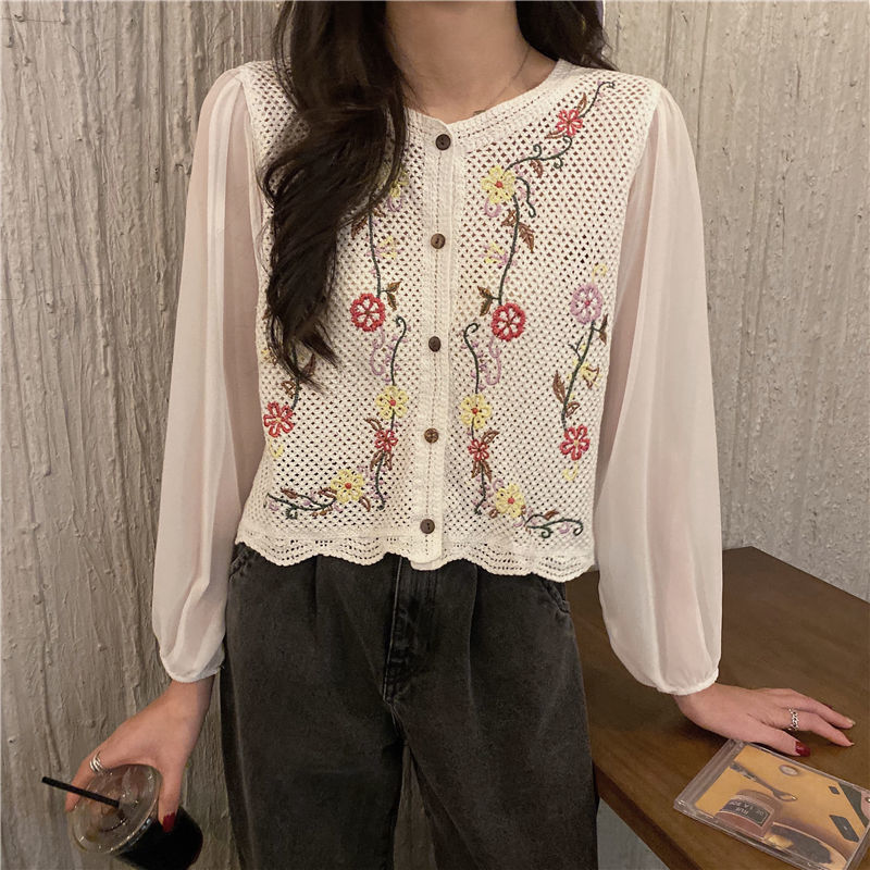 flowersverse Blouse Women Print Casual Simple Hollow Out Teens Square Collar Daily Vintage Harajuku Crop Chic Comfortable College Loose New