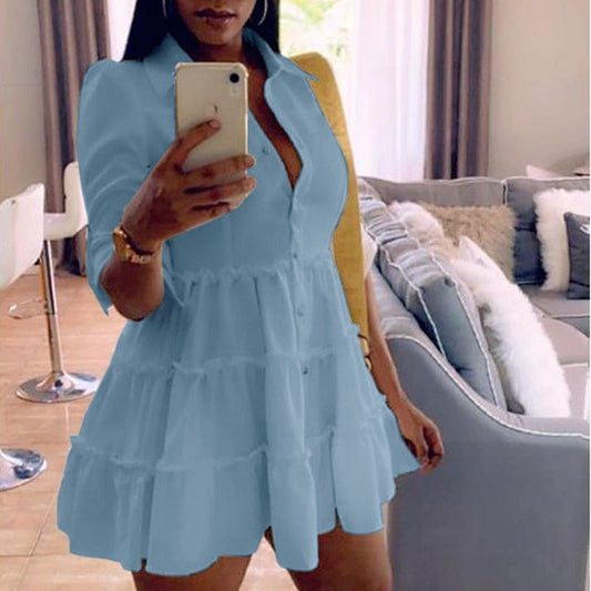 flowersverse Solid Ruffles Shirt Dress Women Streetwear Half Sleeve Buttons Up High Waist Mini Dress Summer Casual Party Dresses