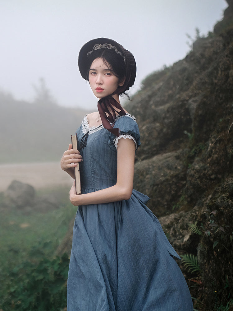 flowersverse Blue Gentle Vintage Dress Women Summer Lace Round Neck Elegant Temperament Ladies Retro Jacquard Princess Vestido De Mujer K152