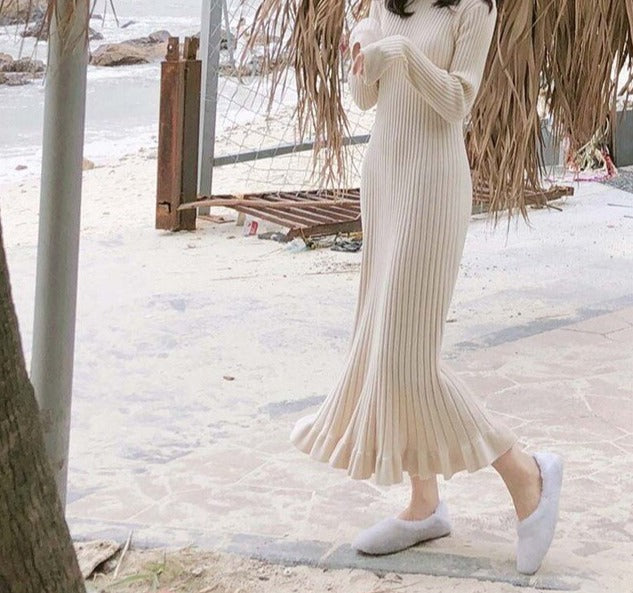 flowersverse autumn winter thick mermaid maxi sweater dress women o-neck long sweater dress elegant female a-line slim sexy knit dress
