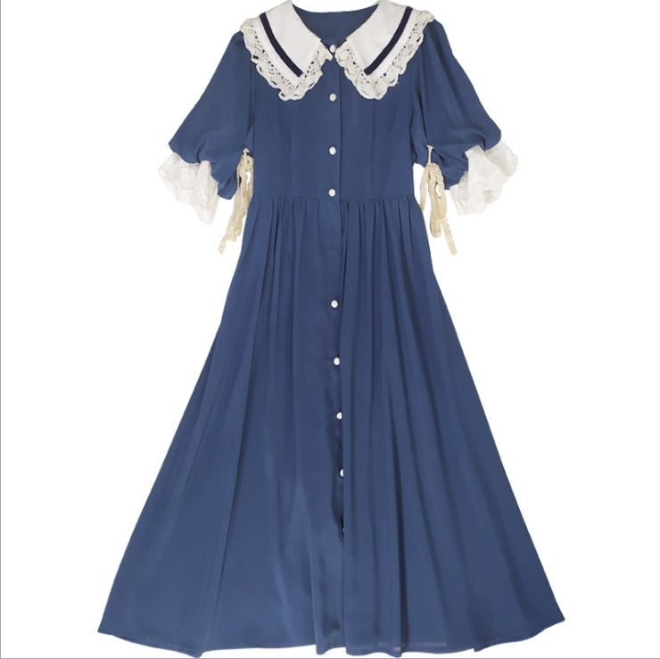 flowersverse Back to school Vintage Women Blue Dress Sweet Peter Pan Collar Lace Flare Sleeve Long Maxi Dresses For Slim Lady Mori Girl Vestidos Faldas